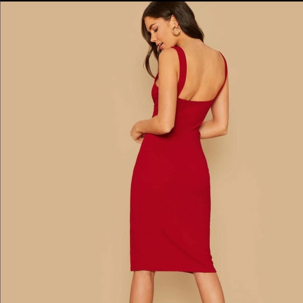 Red square neck dress